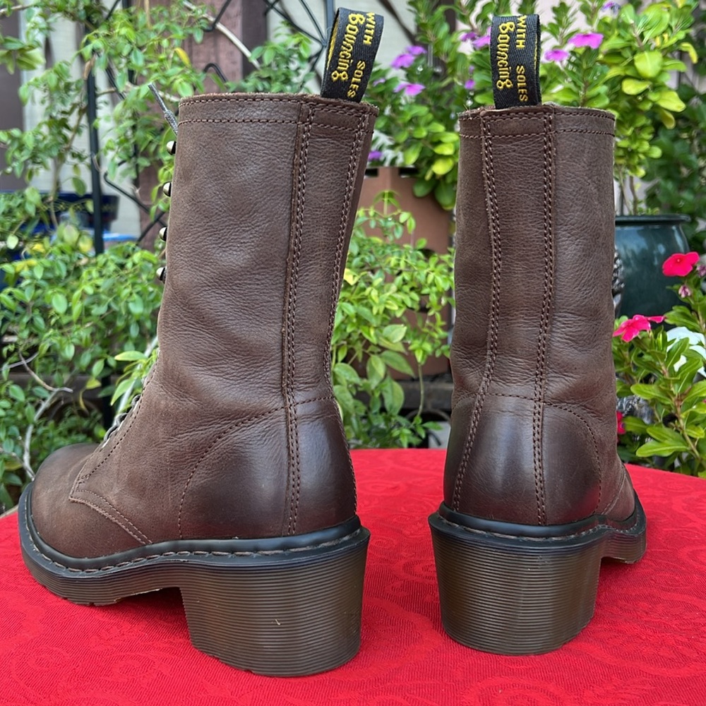 Dr. Martens Granny Style Plaid Lined Mid Calf Lace Up Heeled Brown Leather Boots - Picture 5 of 17